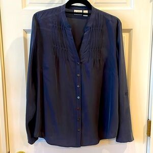 Chico’s Size 2, 12/14, Navy V-Neck Long Sleeve Blouse. May roll sleeve up w/ tab